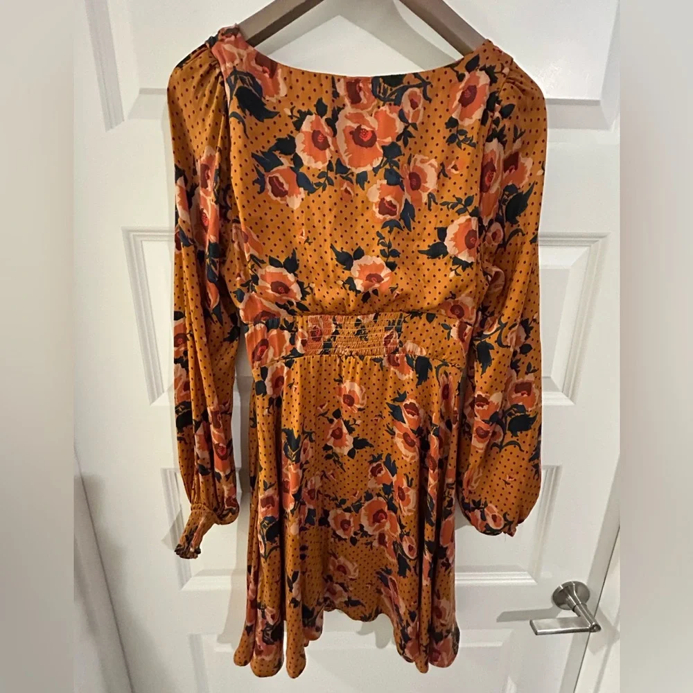 Free People Morning Light Golden Yellow Floral Long Sleeve Dress Size 8